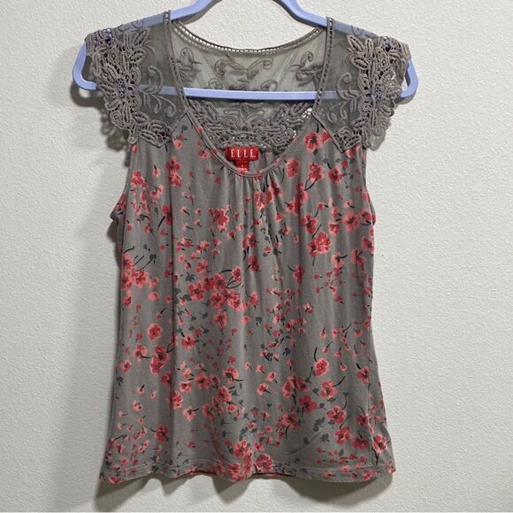 ELLE Gray Floral Lace Yoke Cap Sleeve Top S Pima Cotton Modal - Picture 3 of 10